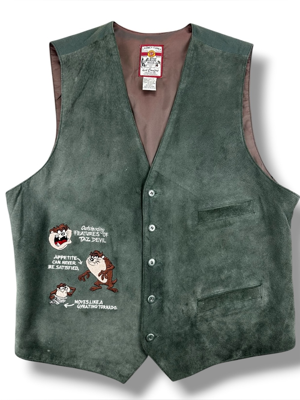 Vintage Looney Tunes Taz Tasmanian Devil Suede Leather Vest XL